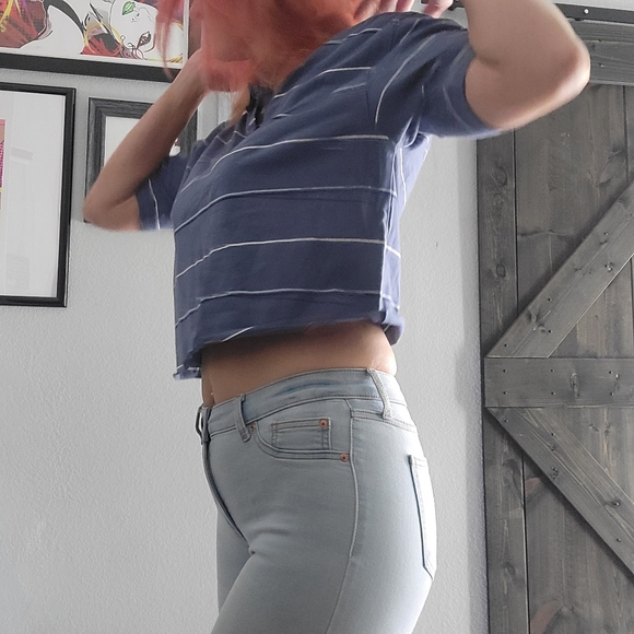 Preppy cut off collard shirt 👕 blue L XL - Picture 2 of 8